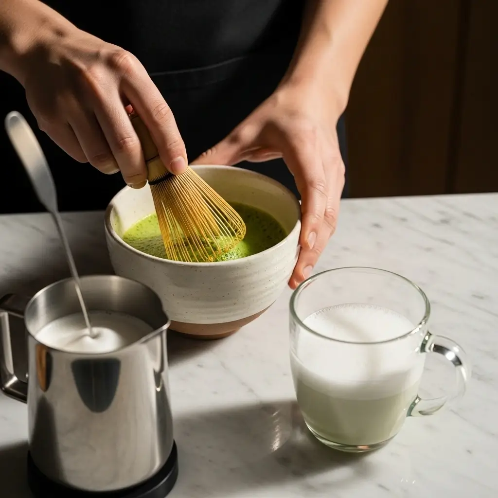 Barista whisking vibrant matcha in a bowl with bamboo whisk beside milk frother and latte glass on a marble counter.