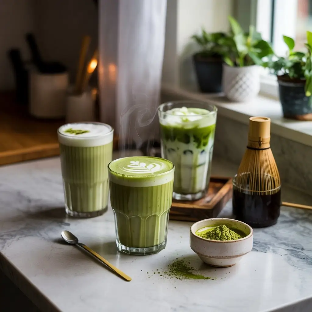 Three homemade matcha lattes — hot, iced, and vanilla — with whisk, frother, and matcha powder on a marble kitchen counter.