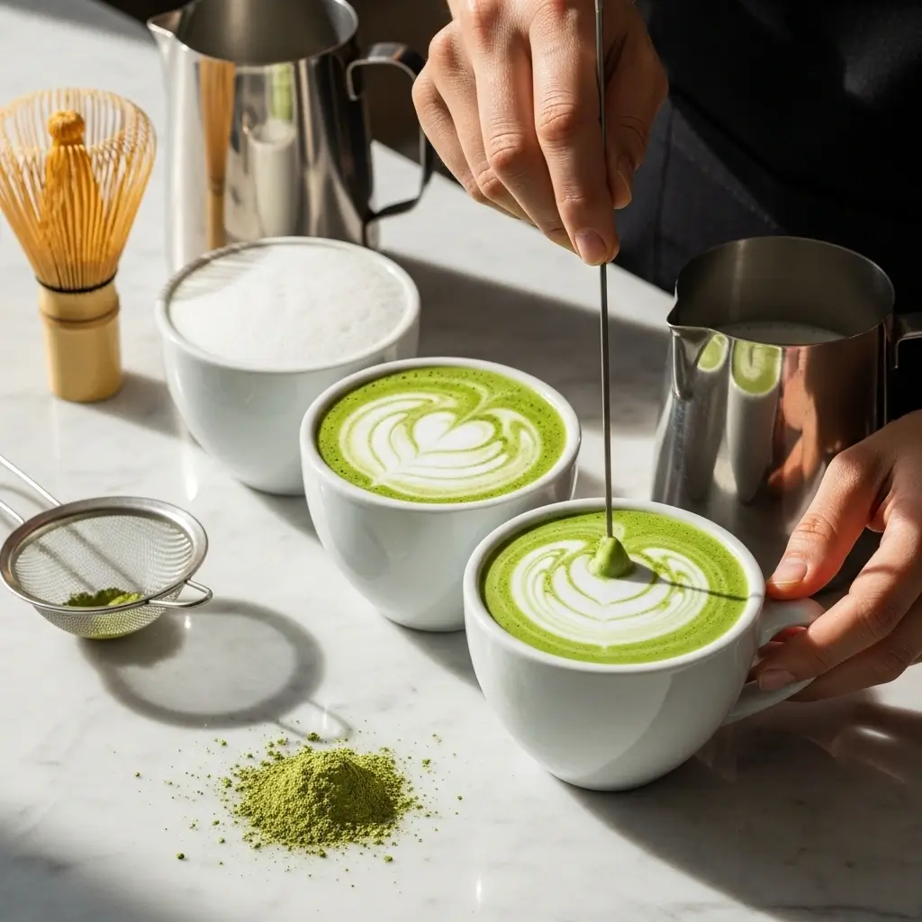 Three matcha lattes showing imperfect and perfect results with whisk, frother, and matcha powder on a marble counter.