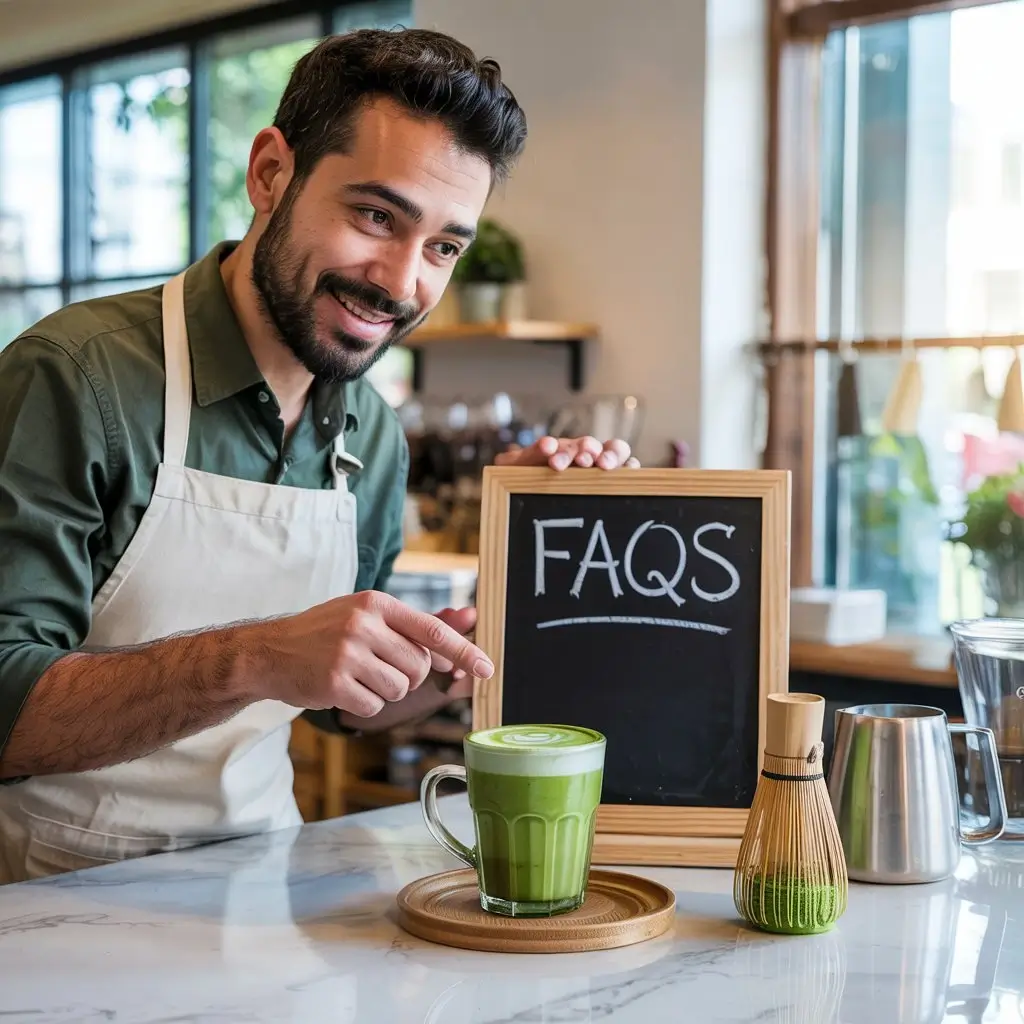 Matcha latte beside barista tools and a small “FAQs” sign on a marble counter in a bright café.
