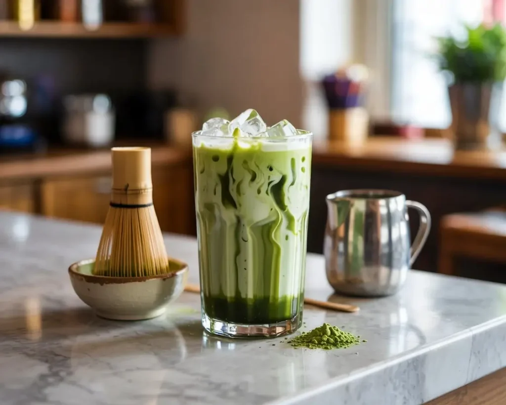 Iced matcha green tea latte with milk swirls and ice cubes in a tall glass on a marble counter beside matcha tools.