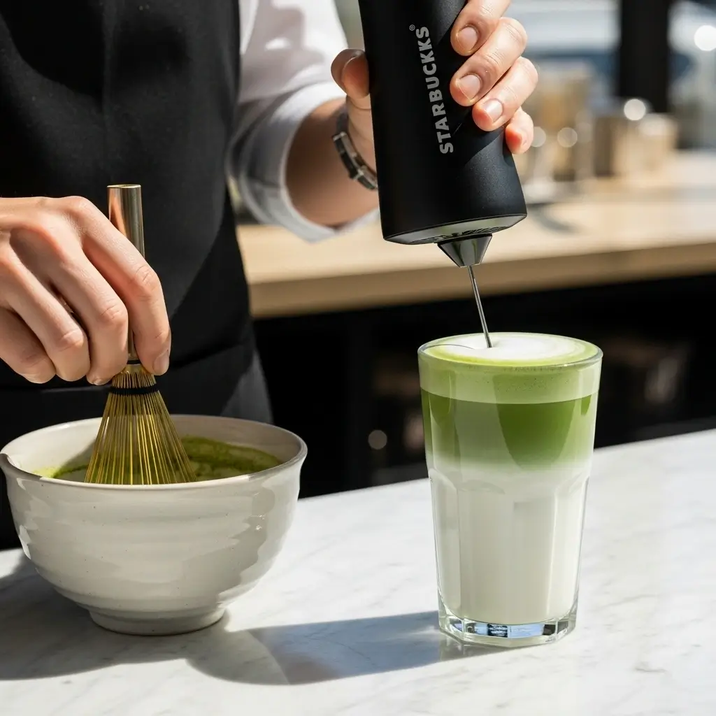 Barista whisking matcha and layering milk and foam in a tall glass for a Starbucks-style latte on a marble counter.
