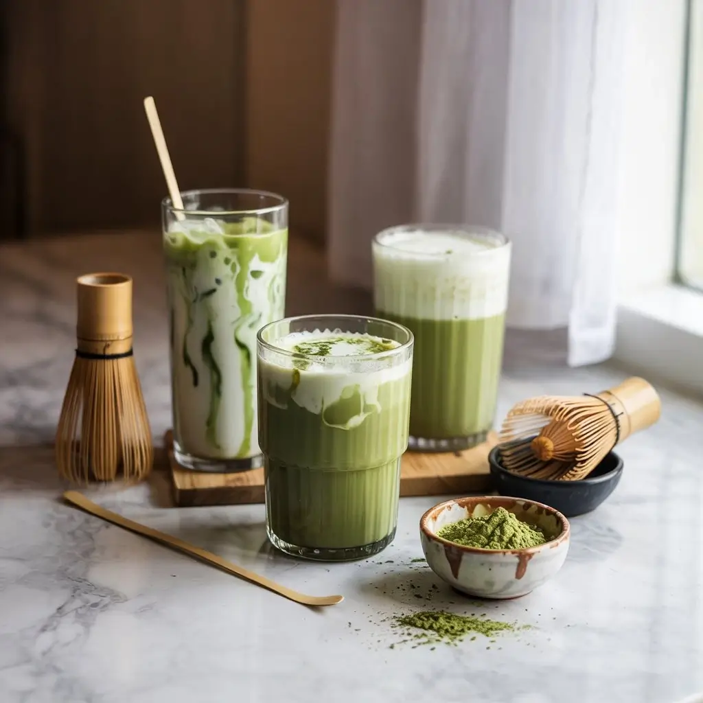 Three Starbucks-style matcha lattes — hot, iced, and flavored — with whisk, frother, and matcha powder on a marble kitchen counter.