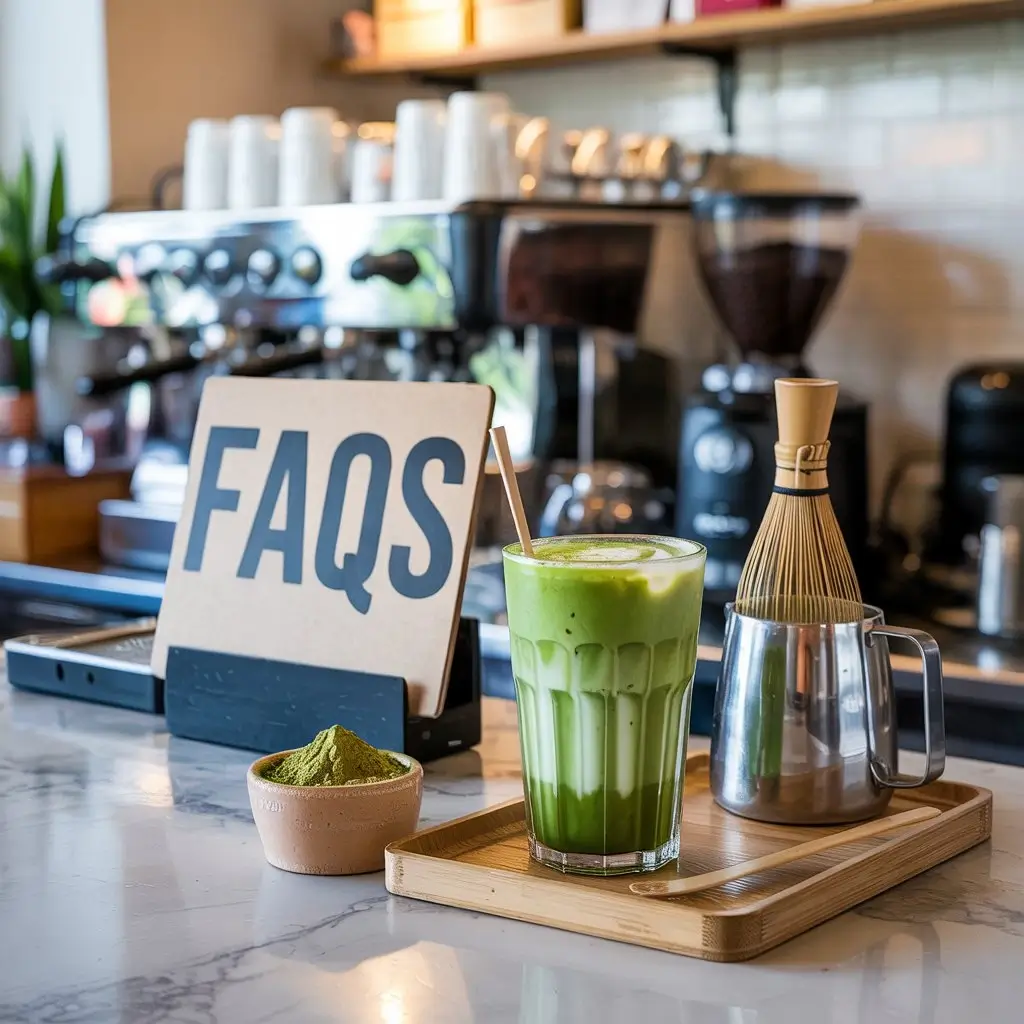 Iced matcha latte beside matcha tools and a small “FAQs” sign on a marble café counter.