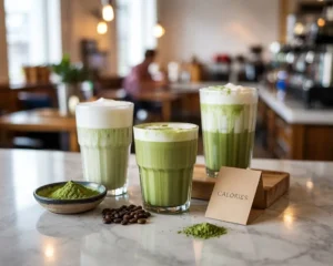 Three Starbucks matcha lattes in tall, grande, and venti sizes on a marble counter with a calories note card.