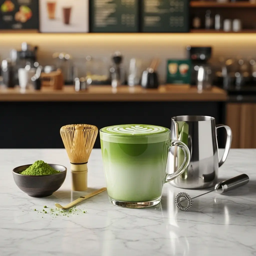 Starbucks-style matcha latte with creamy milk swirls on a marble counter beside matcha powder and whisk.