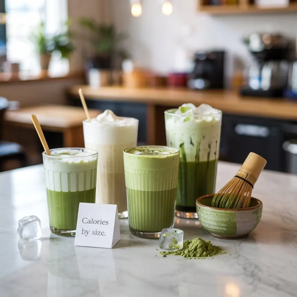 Three Starbucks-style matcha lattes in tall, grande, and venti sizes on a marble counter with a calories note card.