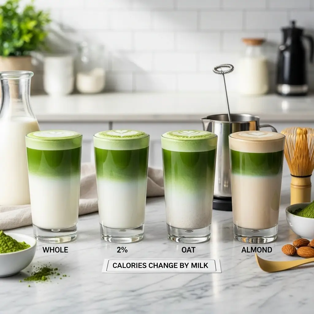 Matcha lattes made with whole, 2%, oat, and almond milk on a marble counter with a calories label.