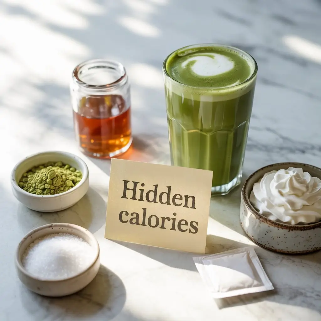 Matcha latte surrounded by bowls of syrups, sweeteners, and toppings labeled as hidden calorie sources.
