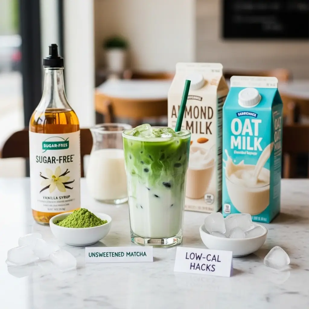 Iced Starbucks-style matcha latte surrounded by low-calorie ingredients like almond milk and sugar-free syrup.