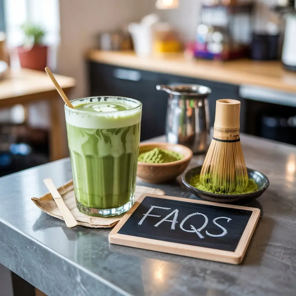 Iced matcha latte beside matcha tools and a small “FAQs” sign on a marble café counter.