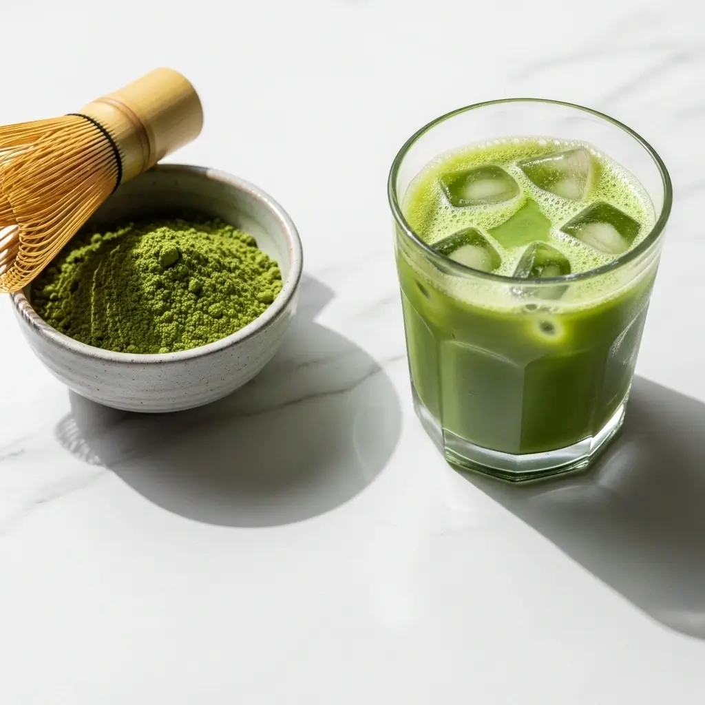 Matcha powder with a bamboo whisk and an iced matcha latte on a marble background.