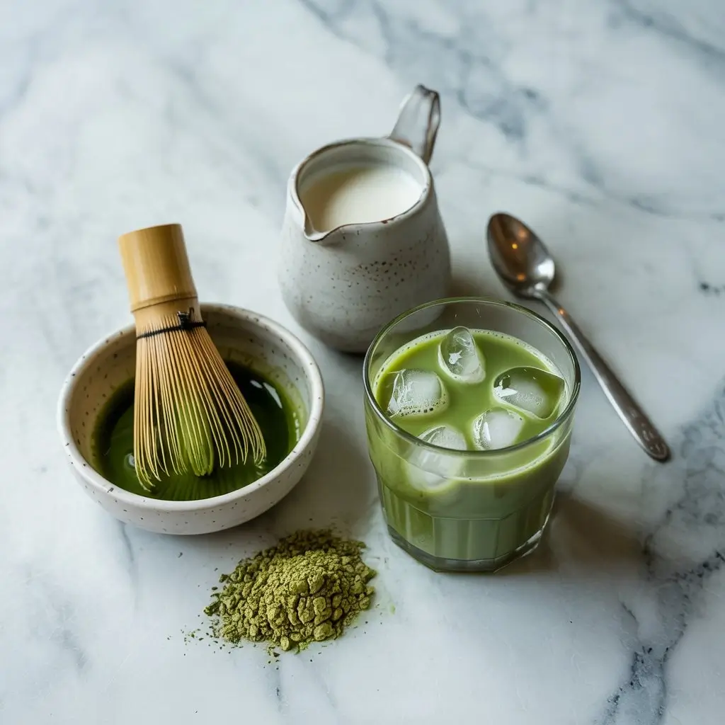 Flat lay of matcha powder, whisk, milk, ice, and tools for making an iced matcha latte.