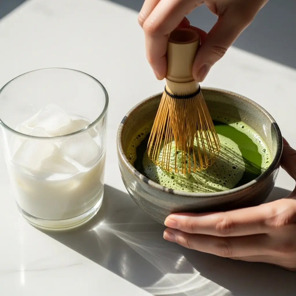 Hand whisking matcha with a bamboo whisk beside a glass of ice and milk ready for layering.
