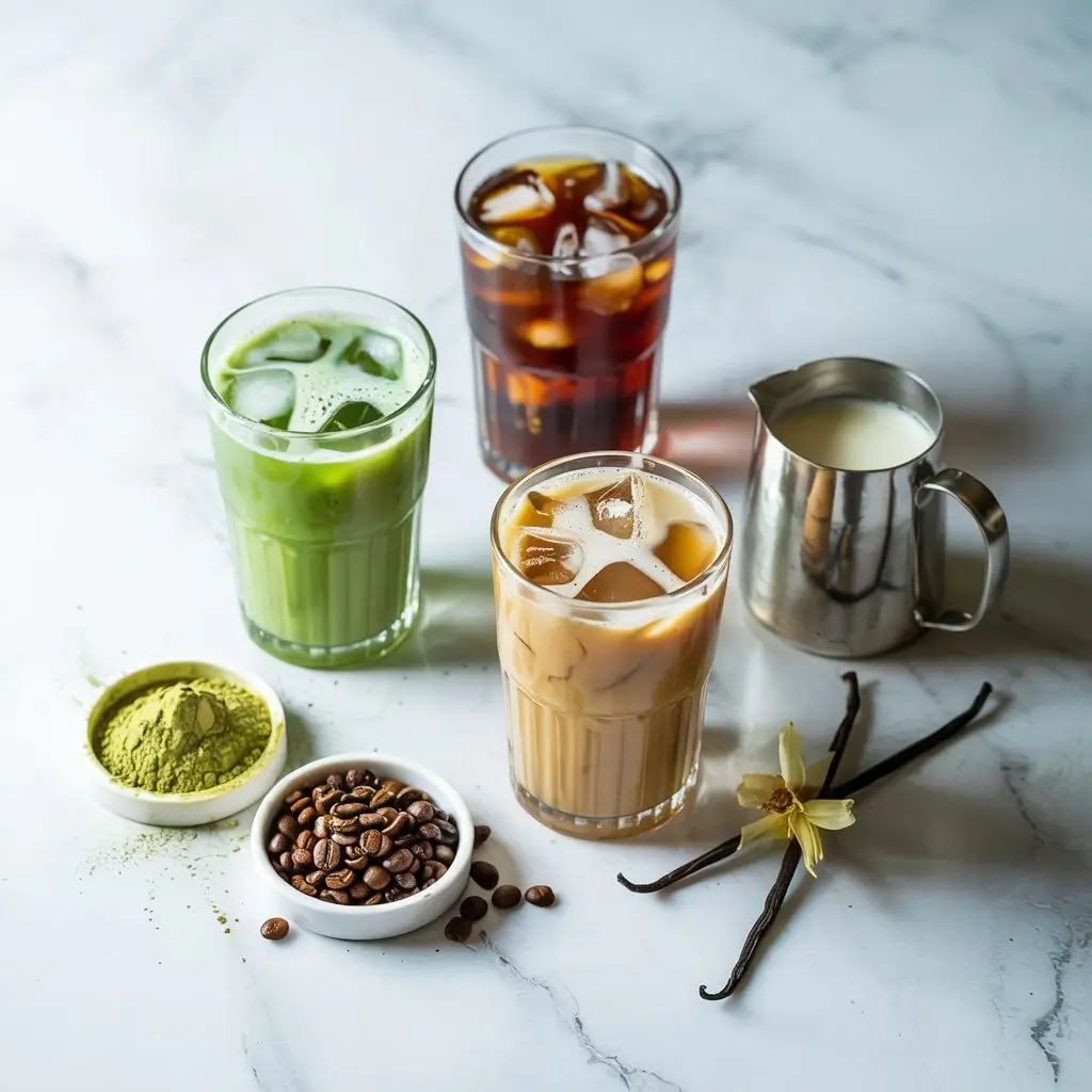 Assorted iced drinks with simple ingredients arranged on a marble surface.