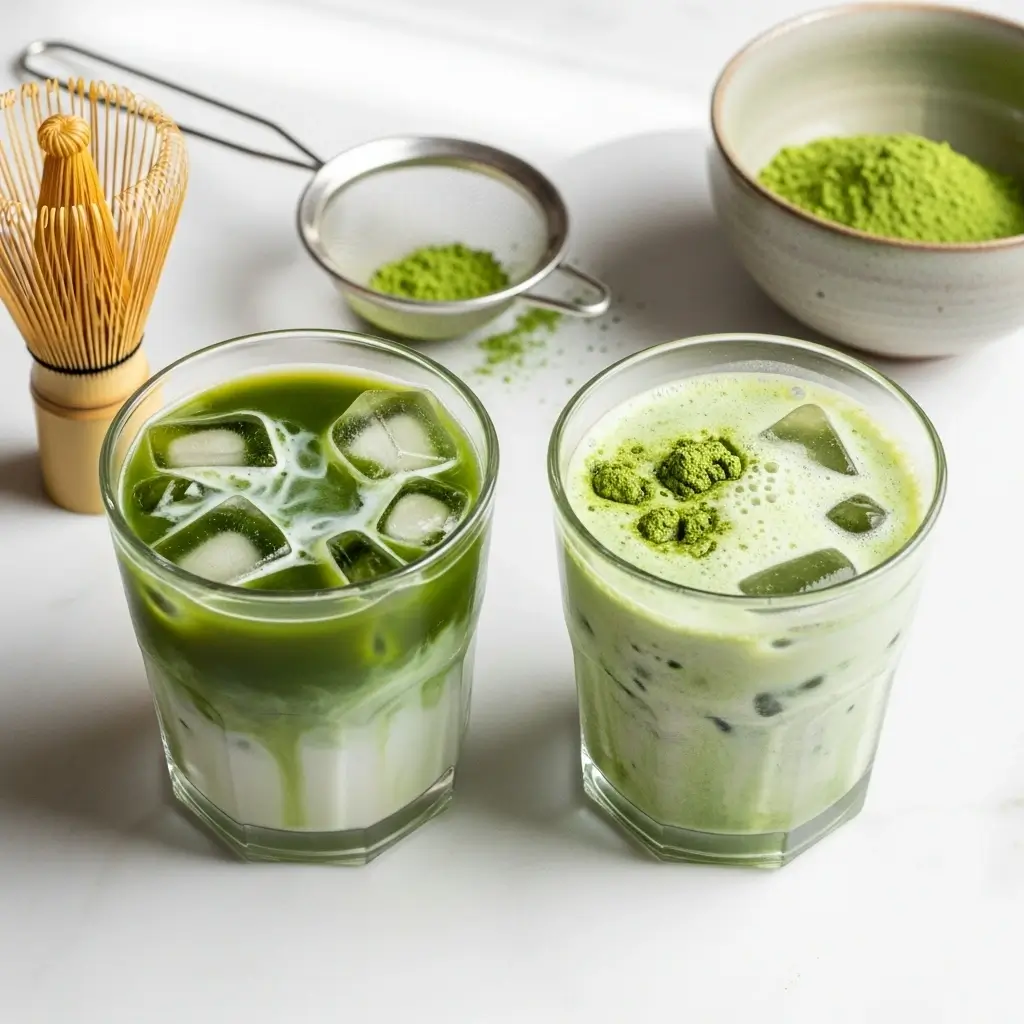 Smooth iced matcha latte beside a clumpy matcha glass with whisk and tools on marble.