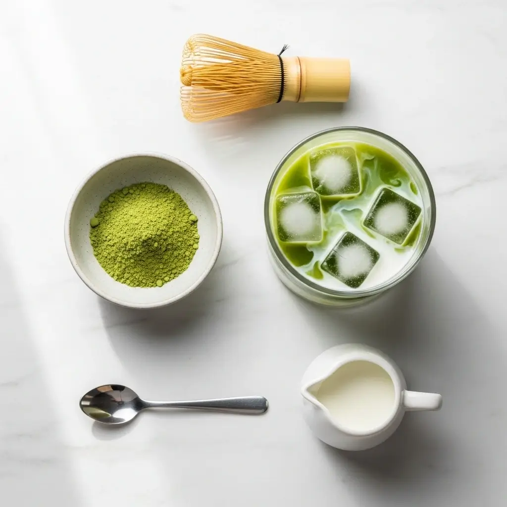 Flat lay of matcha tools and an iced matcha latte on a marble surface.