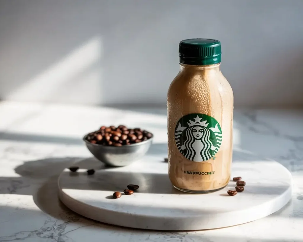 Starbucks Frappuccino bottled coffee on a marble surface with coffee beans.