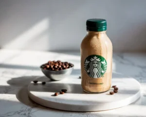 Starbucks Frappuccino bottled coffee on a marble surface with coffee beans.