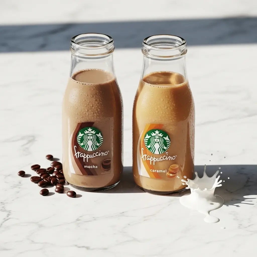 Two Starbucks Frappuccino bottles with condensation and a poured sample on a marble surface.
