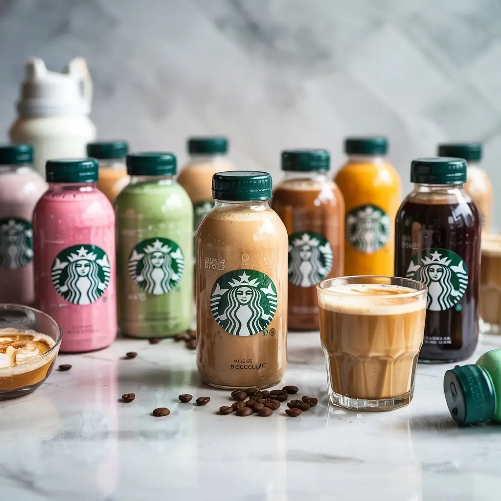 Assorted Starbucks Frappuccino bottles in different flavors and sizes arranged on a marble surface.