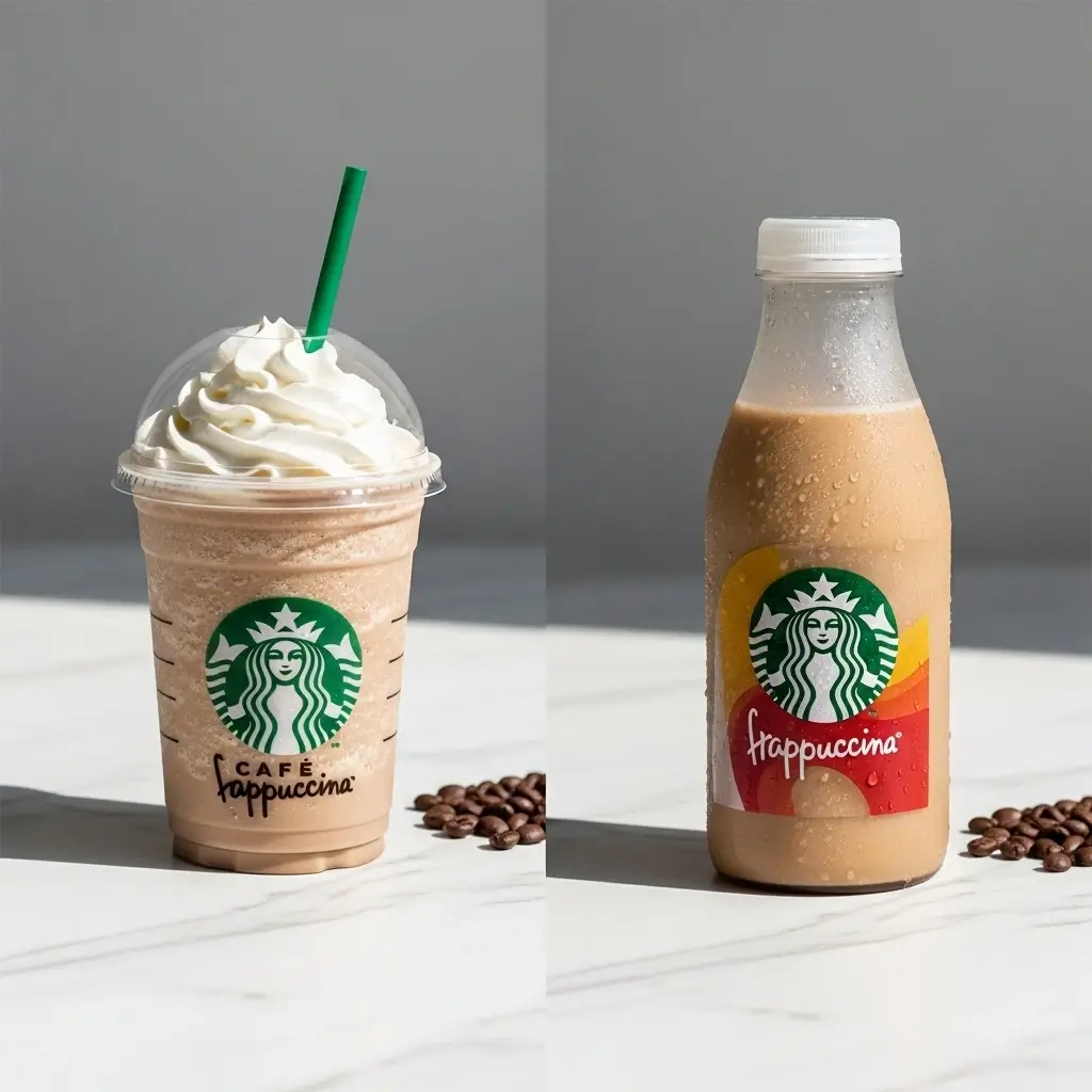 Starbucks café Frappuccino next to a bottled Frappuccino showing caffeine differences.