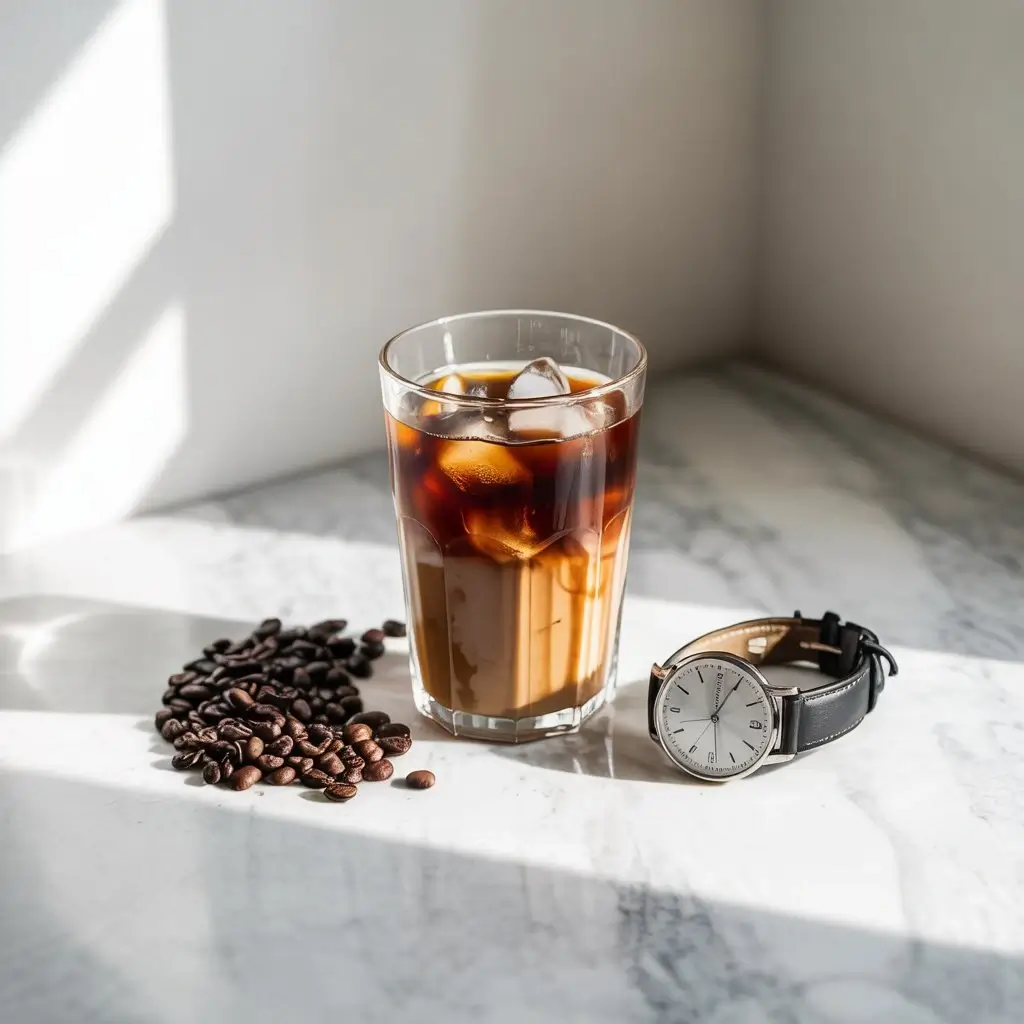 Iced coffee with a watch, coffee beans, and a notepad symbolizing energy and timing.