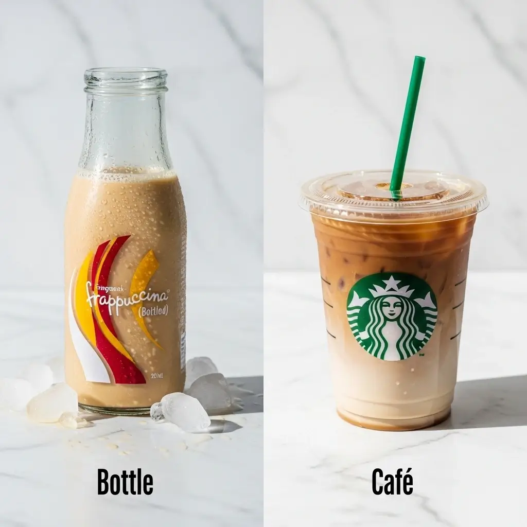 Starbucks bottled Frappuccino bottle next to a Starbucks café iced coffee cup for caffeine comparison.