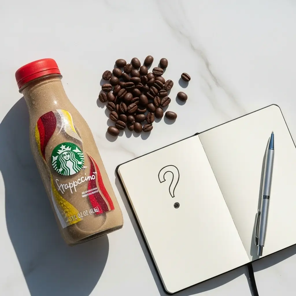 Starbucks Frappuccino bottle with coffee beans and a notepad symbolizing caffeine FAQs.