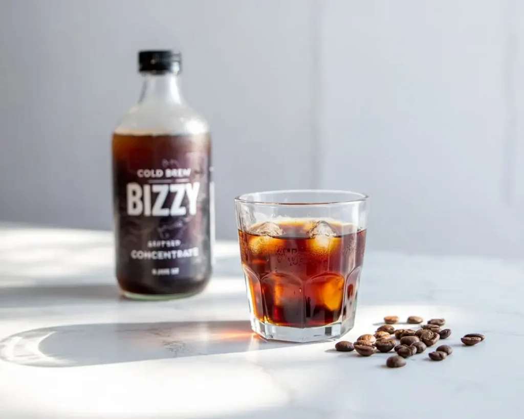 Bizzy Cold Brew bottle with a glass of iced cold brew on a marble surface.