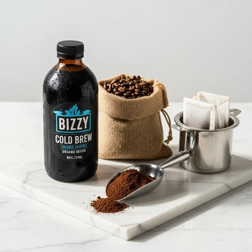 Bizzy Cold Brew bottle with organic coffee beans, grounds and brew bag on marble surface.