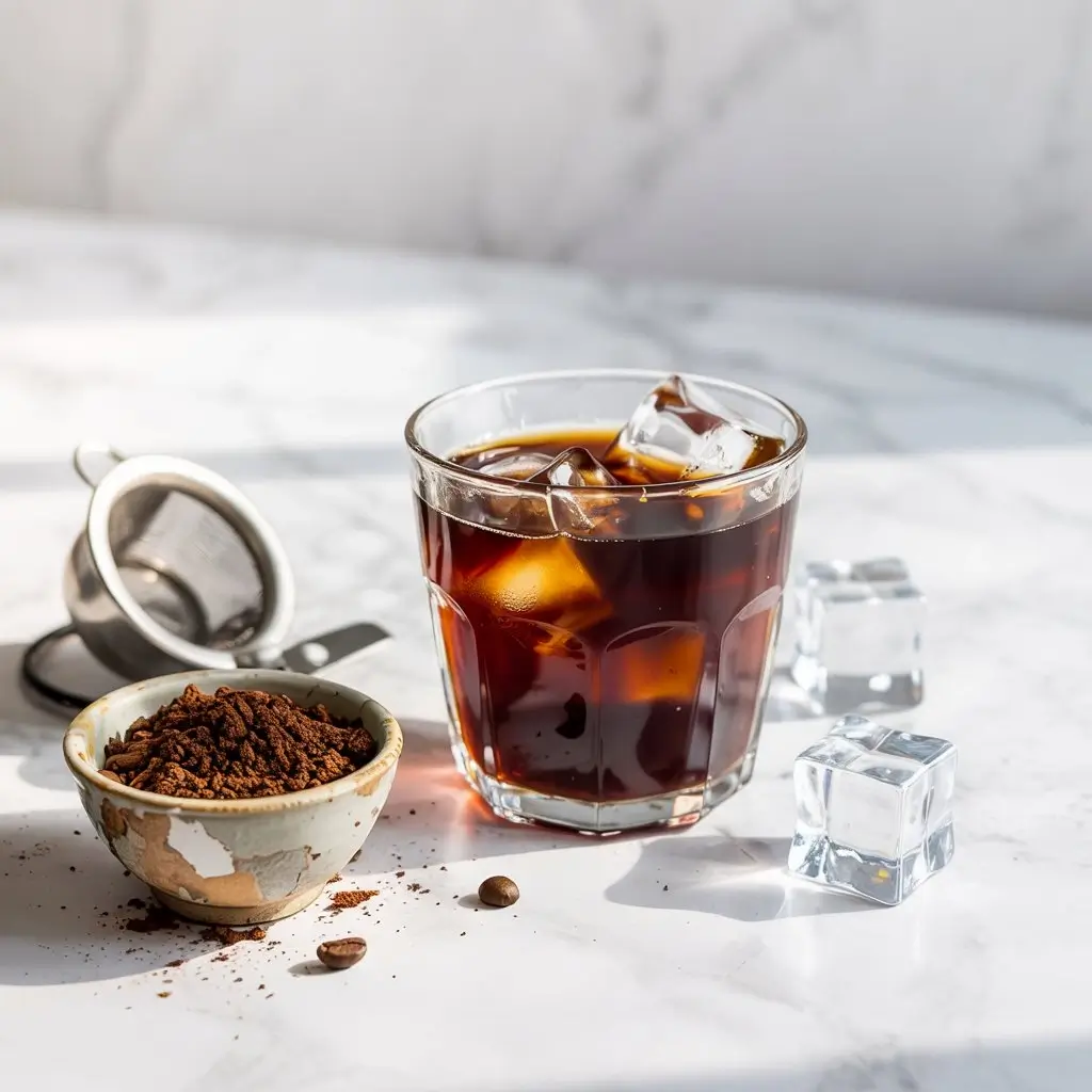 Cold brew coffee with coarse grounds and a filter showing flavor and extraction characteristics.