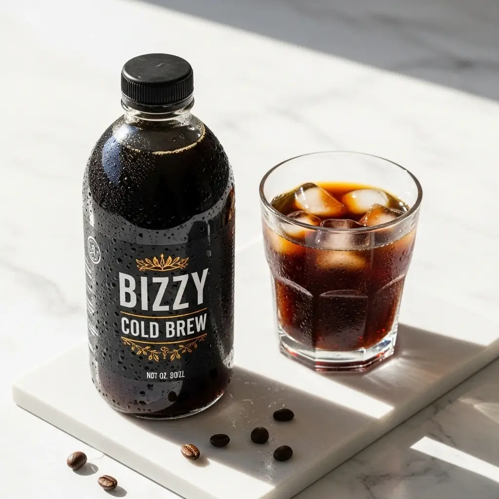 Bizzy Cold Brew bottle with a glass of iced cold brew on a marble surface.