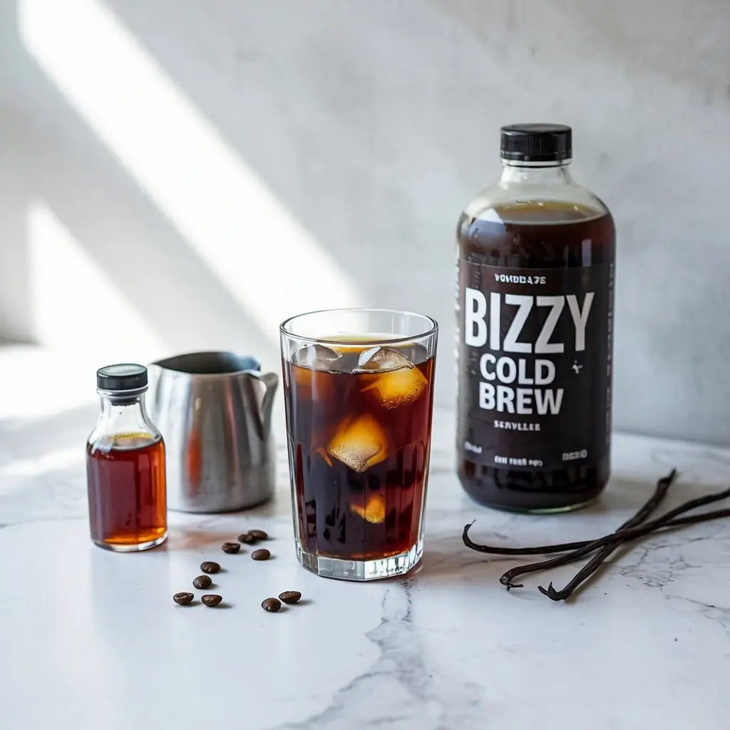 Bizzy Cold Brew bottle with iced cold brew, milk, syrup, and coffee beans arranged for recipes.