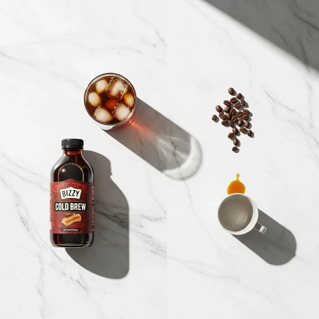 Bizzy Cold Brew bottle with iced cold brew beside elements symbolizing pros and cons.