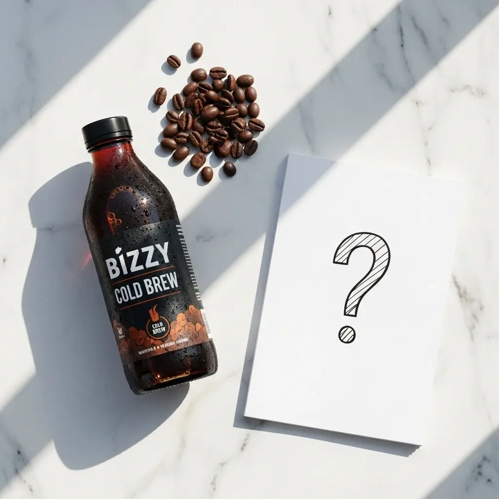 Bizzy Cold Brew bottle with coffee beans and a notepad showing a question mark.