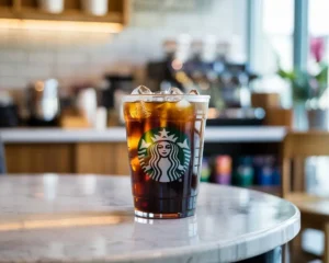 Starbucks cold pressed iced coffee in a clear cup with the Starbucks logo on a marble table.