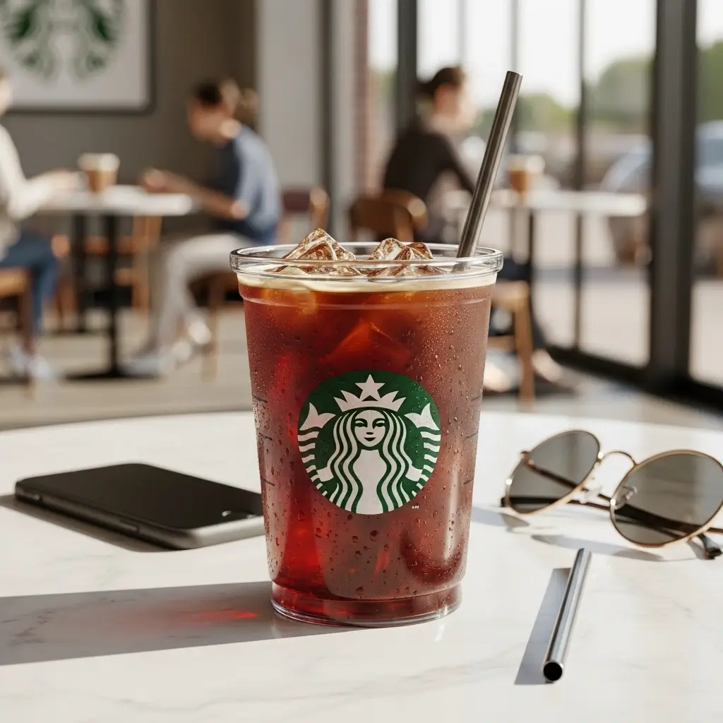 Starbucks cold pressed iced coffee with logo surrounded by trendy lifestyle items in a café setting.