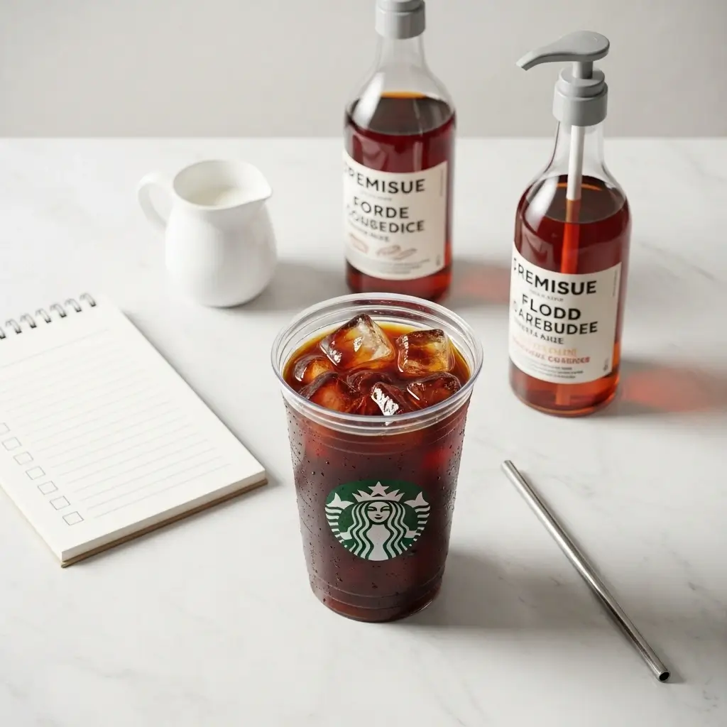 Starbucks cold pressed iced coffee with milk, syrup, and tools showing how to customize and build your own drink.