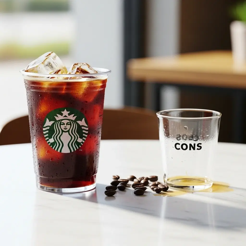 Starbucks cold pressed iced coffee with logo beside symbolic elements showing pros and cons.