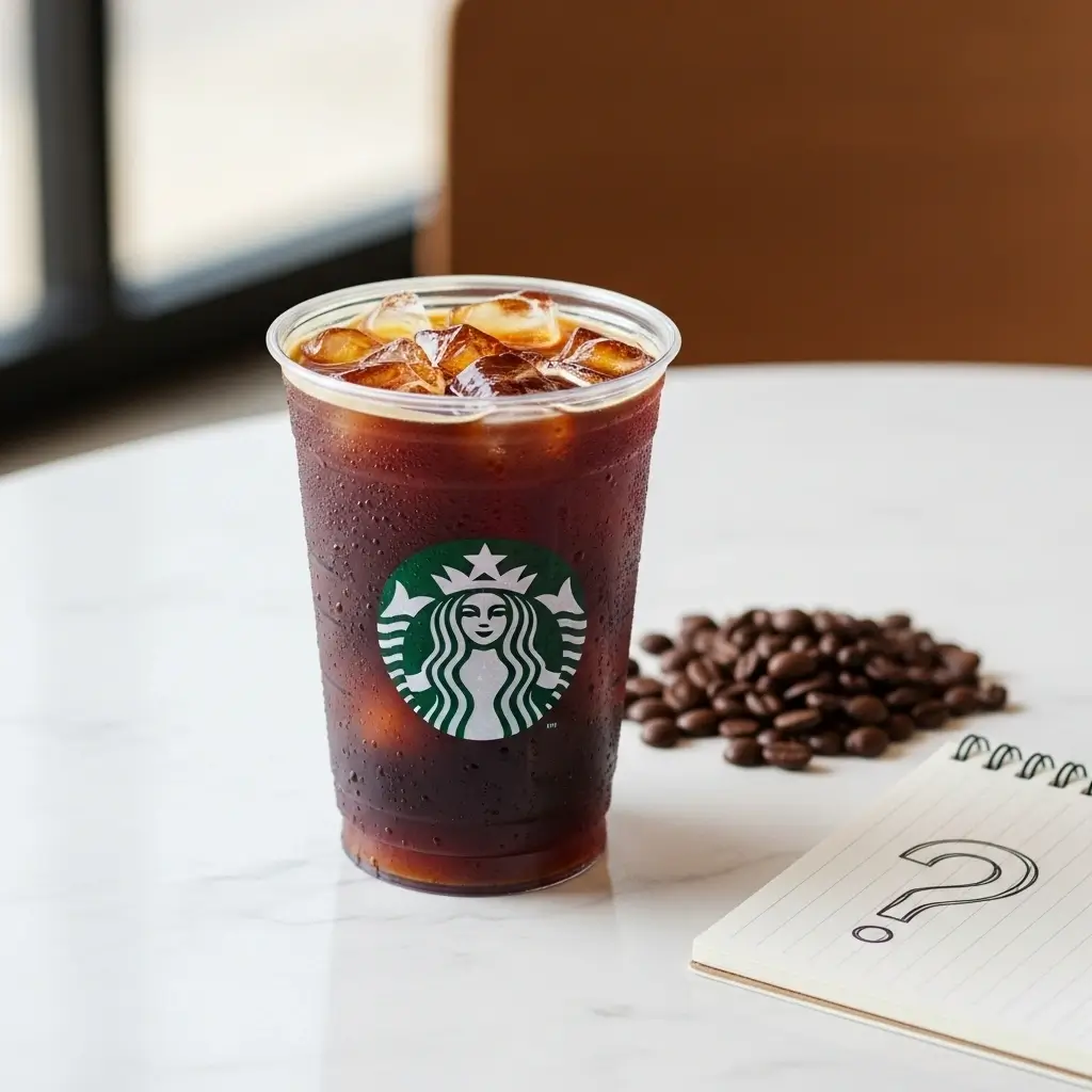 Starbucks cold pressed iced coffee with the Starbucks logo beside coffee beans and a notepad with a question mark.