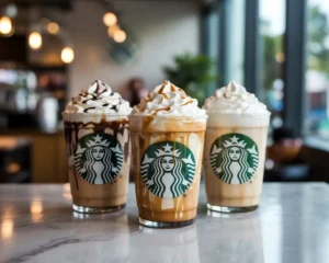 Three Starbucks Frappuccinos with the Starbucks logo lined up on a marble surface in a café setting.