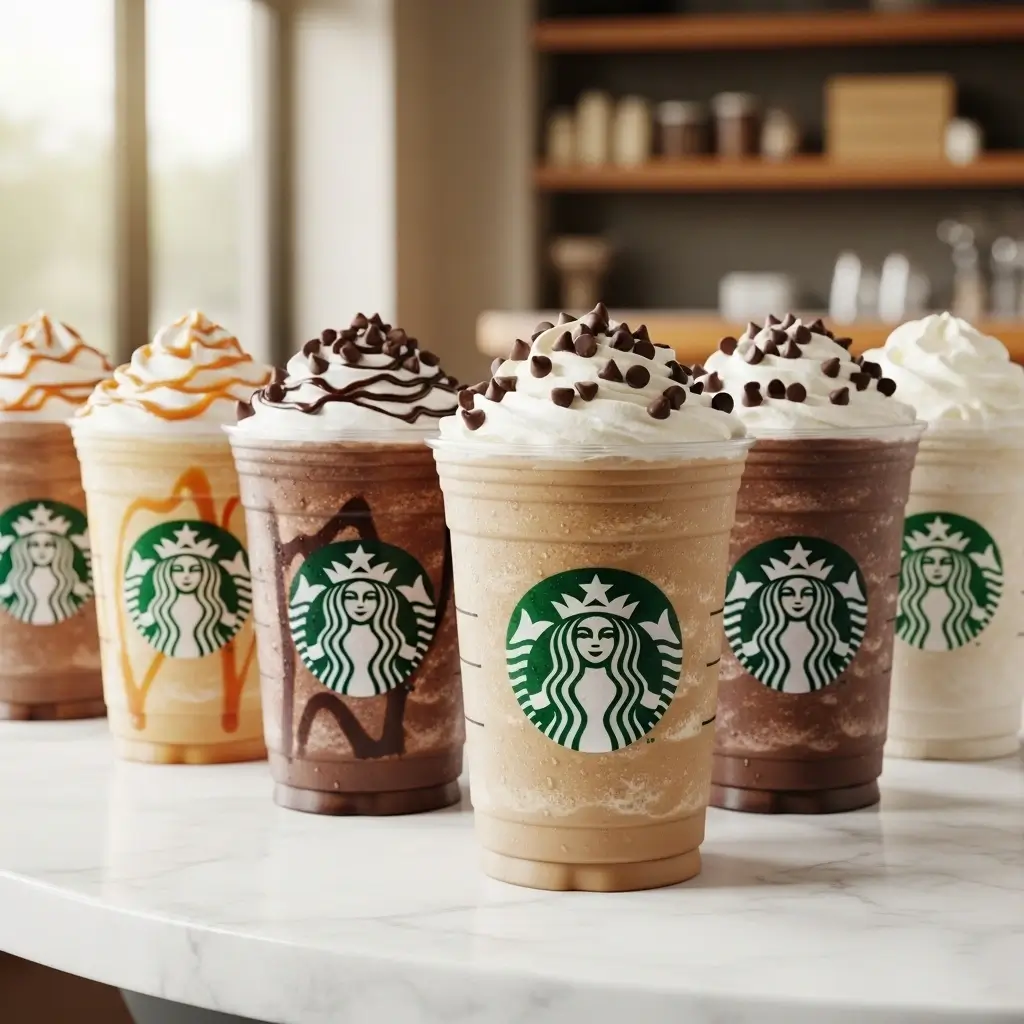 Various Starbucks Frappuccinos with logo cups lined up on a marble counter in a café setting.