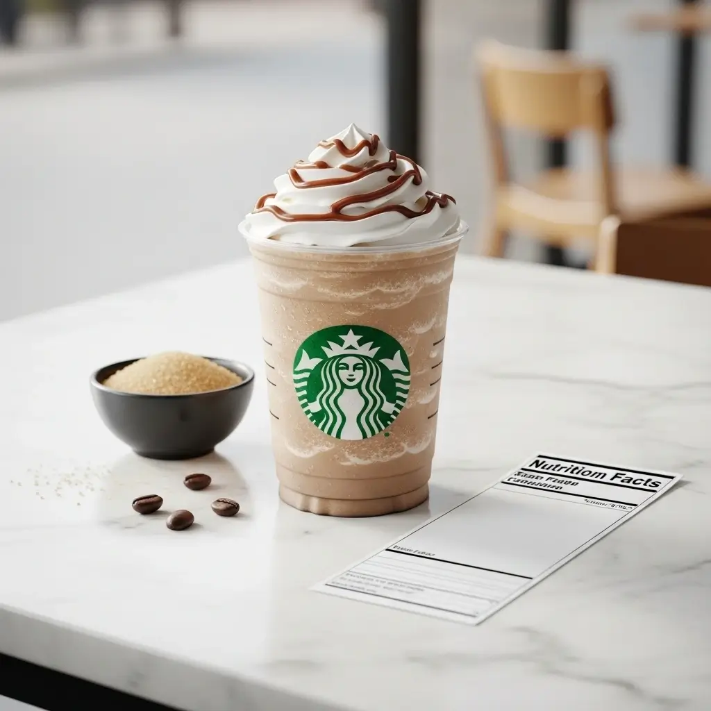 Starbucks Frappuccino with whipped cream on a marble surface next to sugar and a blank nutrition card.