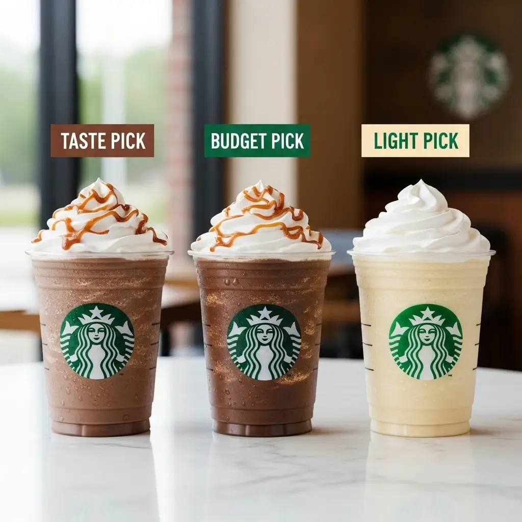 Three Starbucks Frappuccinos representing best picks for taste, budget, and health goals.