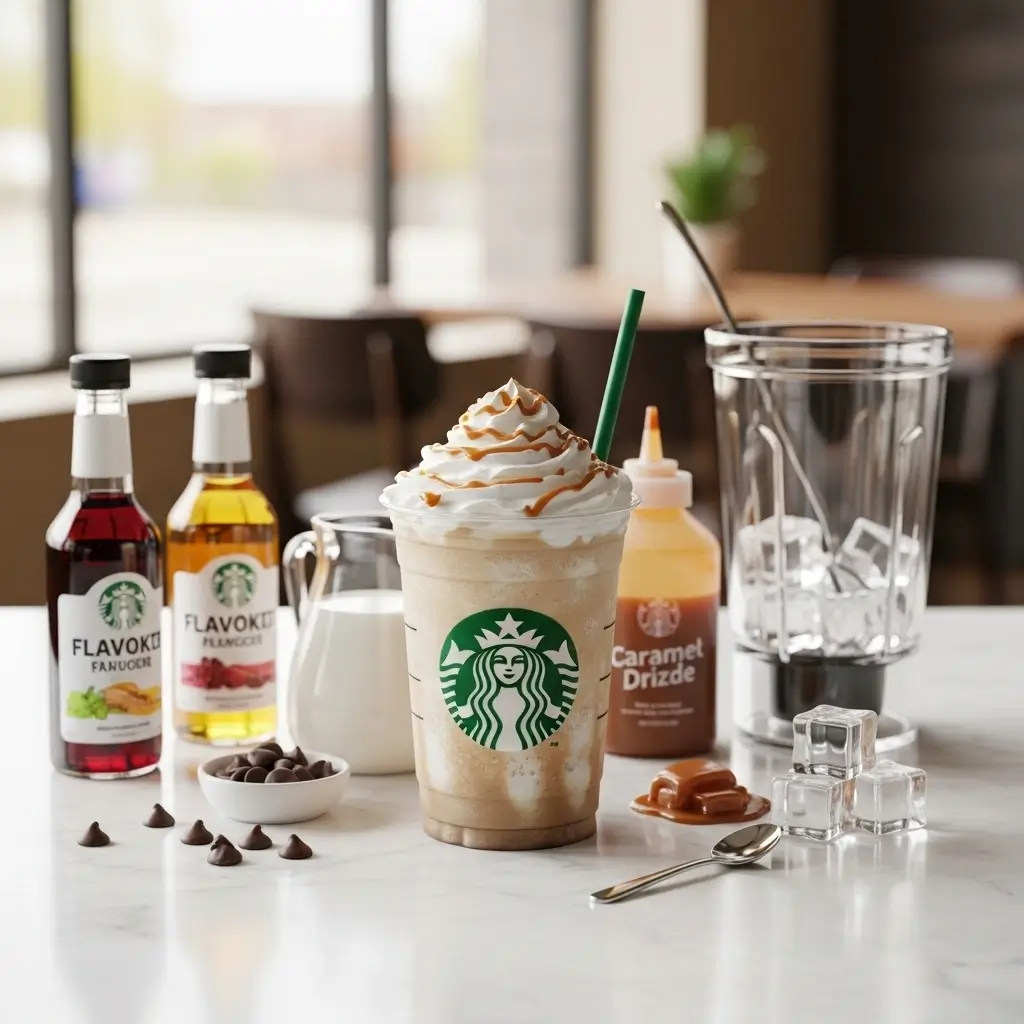 Starbucks Frappuccino with customization ingredients and tools for making at-home copycat versions.