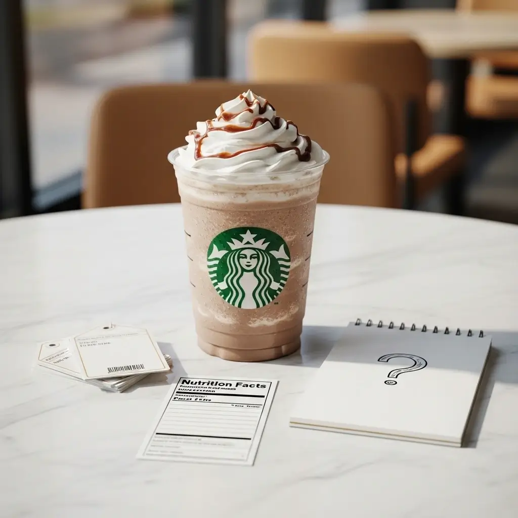 Starbucks Frappuccino with logo next to blank price tags, a nutrition card, and a notepad symbolizing FAQs.