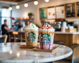 Two Starbucks Frappuccinos with logo showing classic and secret menu style drinks.