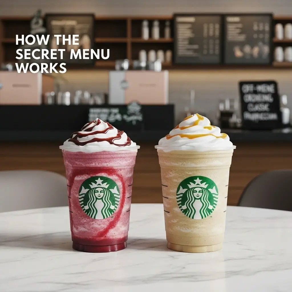 Starbucks Frappuccino with logo beside a customized drink showing how the secret menu works.