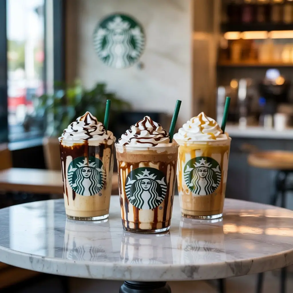 Three Starbucks secret menu Frappuccinos with logo cups displayed on a marble table in a café.